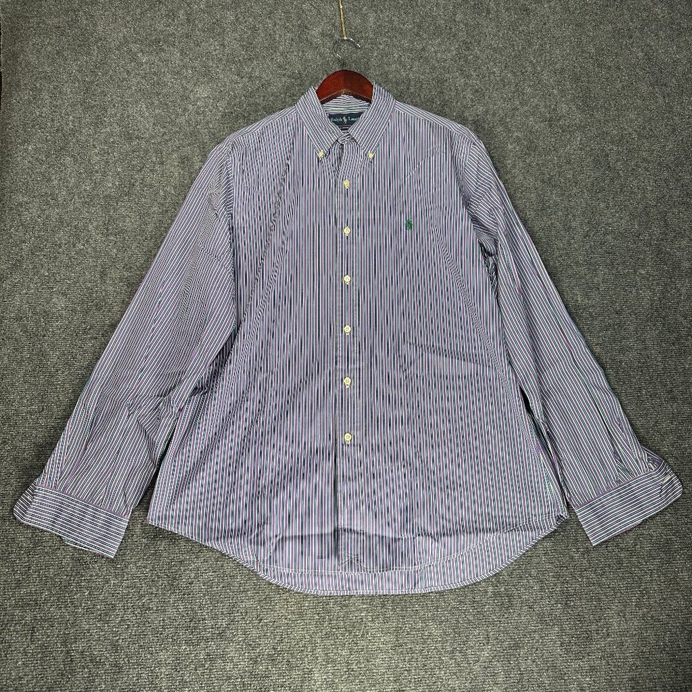 Ralph Lauren Shirt Mens 16.5 Custom Fit Button Down Purple Blue Stripe Cotton